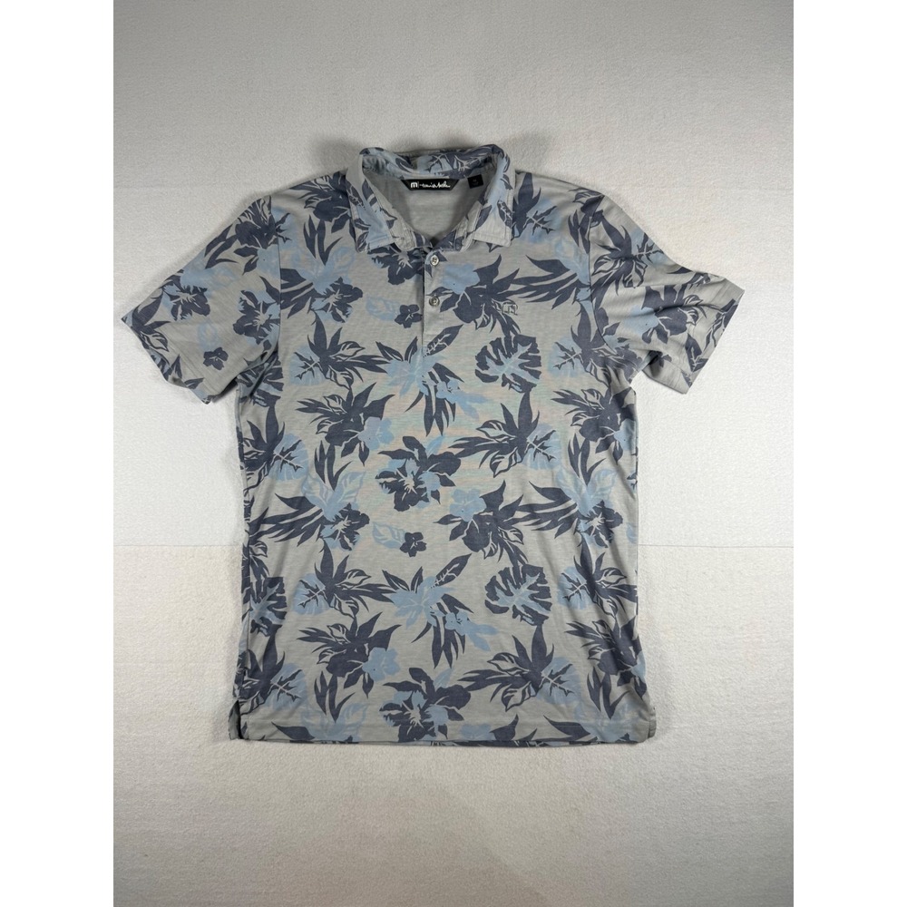 Travis Mathew Mens Grey Blue Floral Tropical Pima Cotton Blend Polo Shirt Size M